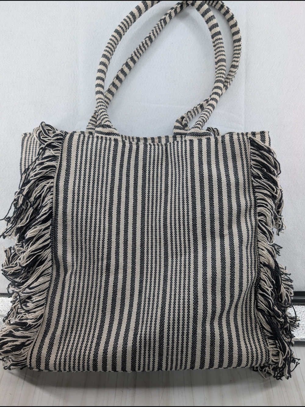 Universal Thread Black & Cream Striped Fringe Tote